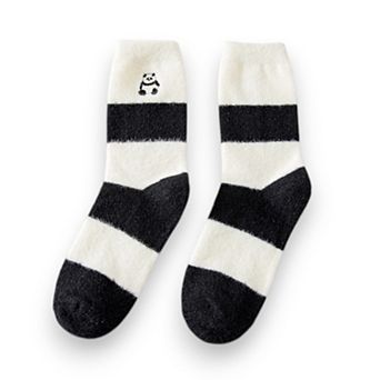 3-Pair Plush Home Socks Striped Panda Design Cozy Crew Style for Everyday Comfort