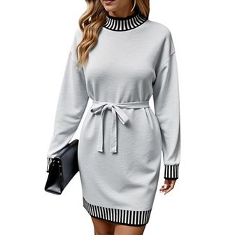 Women's Long Sleeve Sweater Dress with Striped Trim and Waist Tie