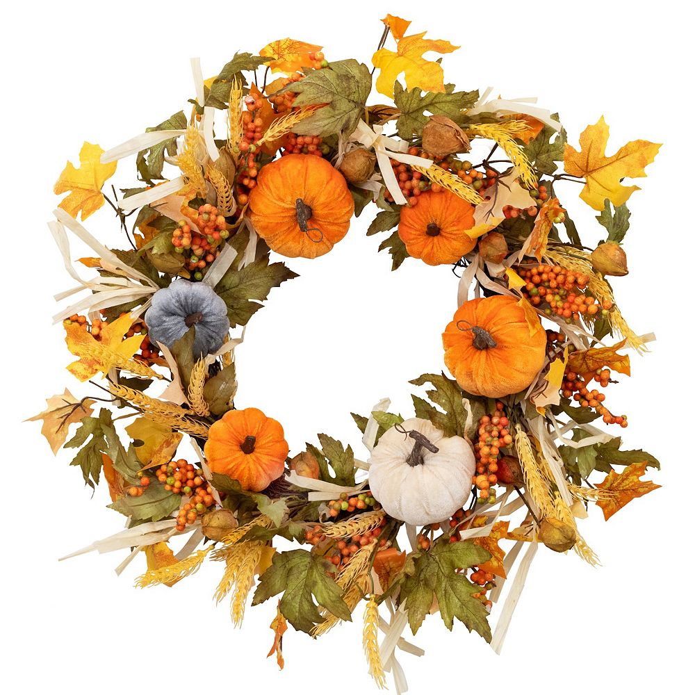 Northlight 24-in. Artificial Velvet Pumpkins & Wheat Fall Harvest Wreath