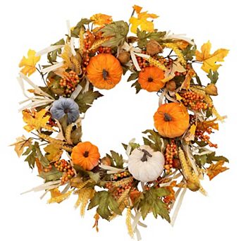 Northlight 24 in Artificial Velvet Pumpkins & Wheat Fall Harvest Wreath