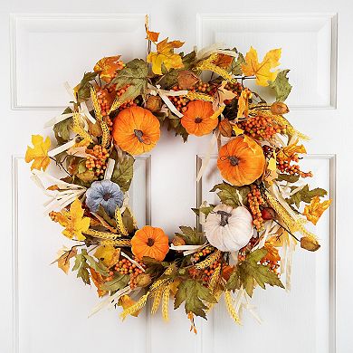 Northlight Velvet Pumpkins & Wheat Fall Harvest Artificial Wreath - 24 Inches