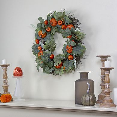 Northlight 24-Inch Maple & Fern Leaves with Pumpkins Artificial Wreath