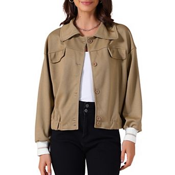 Womens Cropped Jacket Fall Casual Button Down Long Sleeve Coat