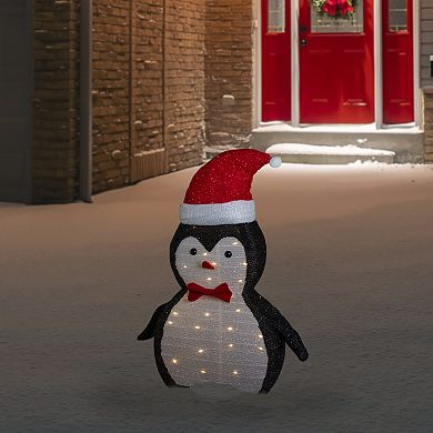Northlight LED Lighted Tinsel Penguin with Santa Hat Outdoor Christmas Decoration 28 Inches