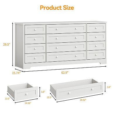 Wooden Dressers for Bedroom with 12 Drawers, Wide TV Stand Dresser for 65 Inch TV, Chest of Drawers