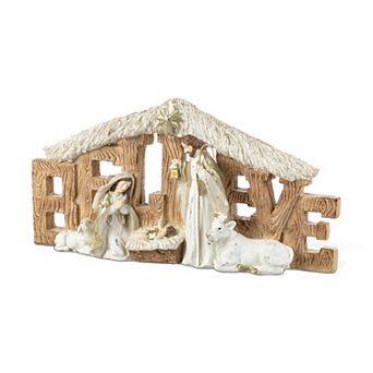 Glitzhome 11.75"L "BELIEVE" Holy Family Figurine, Christmas Resin Table Decor For Indoor Use