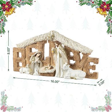 Glitzhome 11.75"L "BELIEVE" Holy Family Figurine, Christmas Resin Table Decor For Indoor Use
