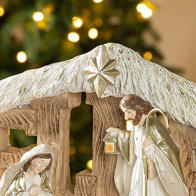 Glitzhome 11.75"L "BELIEVE" Holy Family Figurine, Christmas Resin Table Decor For Indoor Use