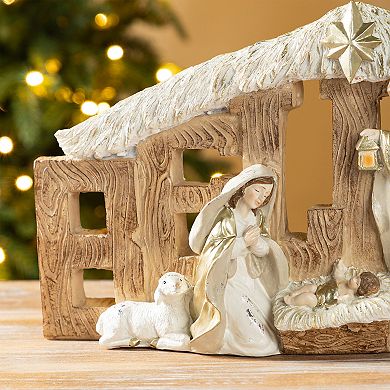 Glitzhome 11.75"L "BELIEVE" Holy Family Figurine, Christmas Resin Table Decor For Indoor Use
