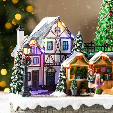 Glitzhome 15.25"L Resin Lighted Table Village Decor, Christmas Oversized Table Centerpiece