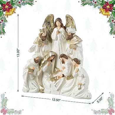 Glitzhome 13"H Resin Nativity Figurine, Ivory/Gold Christmas Table Decor