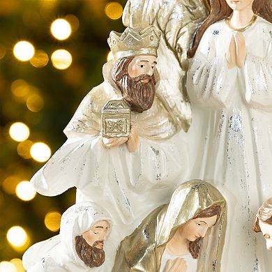Glitzhome 13"H Resin Nativity Figurine, Ivory/Gold Christmas Table Decor
