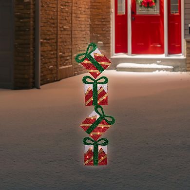 Northlight Lighted Tinsel Stacked Gift Box Outdoor Decoration 43-Inch