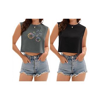 2 Packs Crop Tops for Women Casual Loose Tank Top Crewneck Sleeveless Shirts Basic Tees
