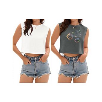 2 Packs Crop Tops for Women Casual Loose Tank Top Crewneck Sleeveless Shirts Basic Tees