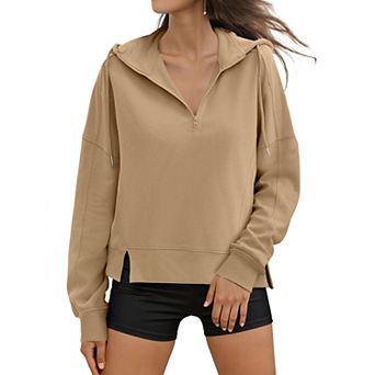 Womens Cropped Hoodie Long Sleeve Half Zip Pullover Oversized Sweatshirts Fall Winter Outfits