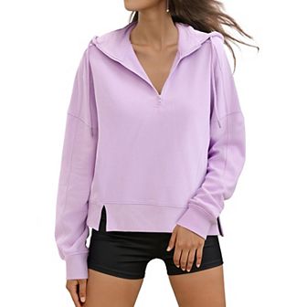 Womens Cropped Hoodie Long Sleeve Half Zip Pullover Oversized Sweatshirts Fall Winter Outfits