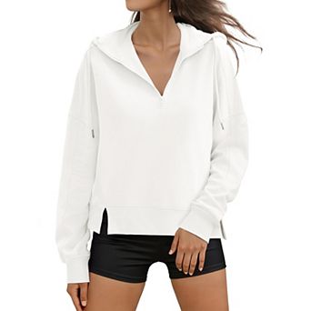 Womens Cropped Hoodie Long Sleeve Half Zip Pullover Oversized Sweatshirts Fall Winter Outfits