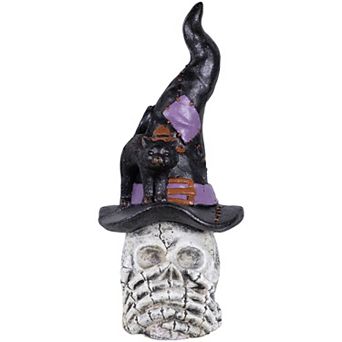 Northlight Skull in Witch Hat with Cat Halloween Table Decor