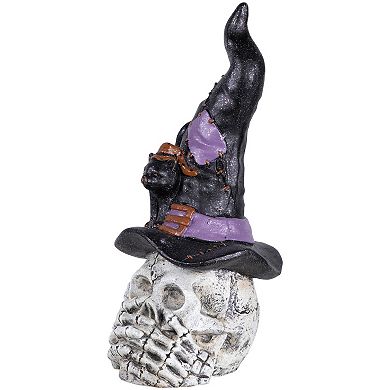 Northlight Skull in Witch Hat with Cat Halloween Table Decor