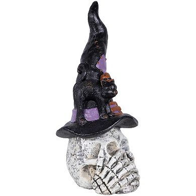 Northlight Skull in Witch Hat with Cat Halloween Table Decor