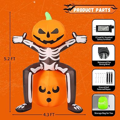 GOOSH 5FT Halloween Inflatable Skull Skeleton Pumpkin Head with Built-in LEDs