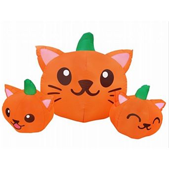 GOOSH 5FT Halloween Inflatable Long Three Pumpkin Cat Head Combo with Built-in LEDs
