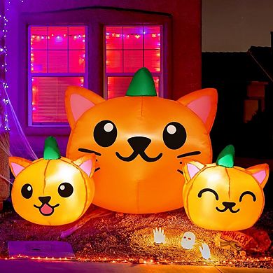 GOOSH 5FT Halloween Inflatable Long Three Pumpkin Cat Head Combo with Built-in LEDs