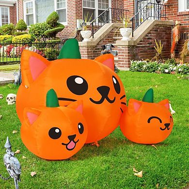 GOOSH 5FT Halloween Inflatable Long Three Pumpkin Cat Head Combo with Built-in LEDs