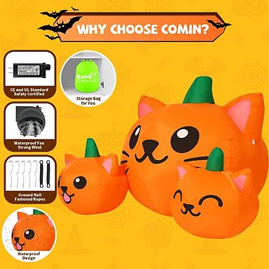GOOSH 5FT Halloween Inflatable Long Three Pumpkin Cat Head Combo with Built-in LEDs