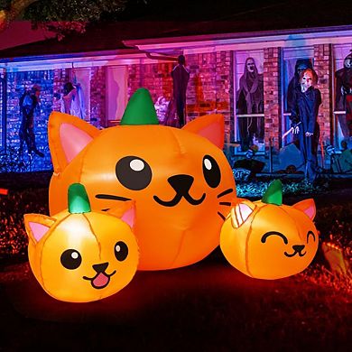 GOOSH 5FT Halloween Inflatable Long Three Pumpkin Cat Head Combo with Built-in LEDs