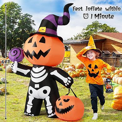 GOOSH 6 FT Halloween Inflatable Pumpkin Skull Body Yard Pumpkin with Built-in LEDs