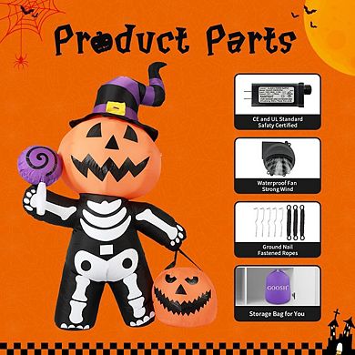 GOOSH 6 FT Halloween Inflatable Pumpkin Skull Body Yard Pumpkin with Built-in LEDs
