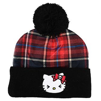 Women's Hello Kitty Punk Jacquard Plaid Crown Embroidered Cuffed Beanie Hat