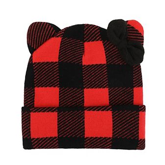 Women's Hello Kitty Head Shape Plaid Cuff Beanie With Fleece Bow
