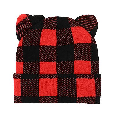 Women's Hello Kitty Head Shape Plaid Cuff Beanie With Fleece Bow