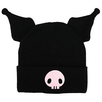 Women's Kuromi Cuffed Knitted Beanie Hat With 3D Plush Ears