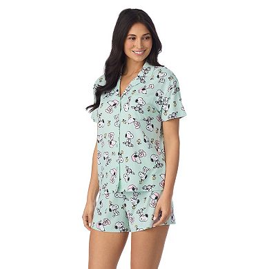 Women's Peanuts Snoopy & Woodstock 2-Piece Notch Collar Short Sleeve Pajama Top & Pajama Shorts Set