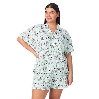 Plus Size Peanuts Snoopy & Woodstock 2 pc Notch Collar Short Sleeve Pajama Top & Pajama Shorts Set
