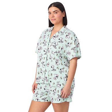 Plus Size Peanuts Snoopy & Woodstock 2-Piece Notch Collar Short Sleeve Pajama Top & Pajama Shorts Set
