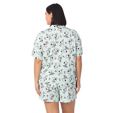 Plus Size Peanuts Snoopy & Woodstock 2-Piece Notch Collar Short Sleeve Pajama Top & Pajama Shorts Set