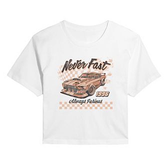Juniors' Never Fast Always Furious Vintage Car Cropped Tee