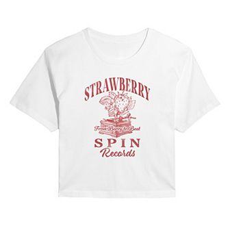 Juniors' Strawberry Spin Records Cropped Tee