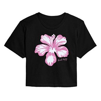 Juniors' Think Happy Pink Hibiscus Cropped Tee