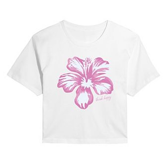 Juniors' Think Happy Pink Hibiscus Cropped Tee