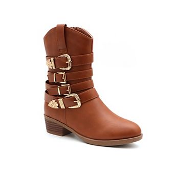 Yoki Dixi Kids Metallic Buckles Mid-Calf Cowboy Boots