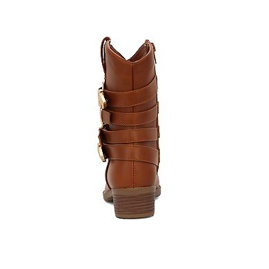 Yoki Dixi Kids Metallic Buckles Mid-Calf Cowboy Boots