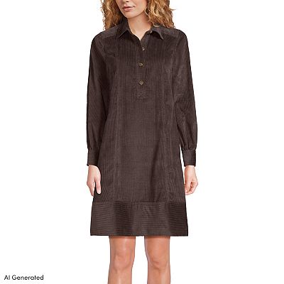 Lands' End Women's Wide Wale Cord Popover Long Sleeve Shirt Dress - Hawthorne Green