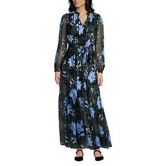 Women's Lands' End Chiffon Tiered Long Sleeve Maxi Dress