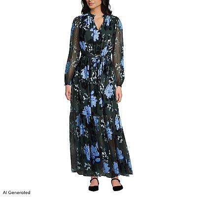 Women's Lands' End Chiffon Tiered Long Sleeve Maxi Dress